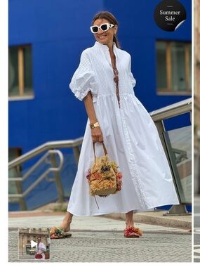 White Button-Front Puff-Sleeve Maxi Dress